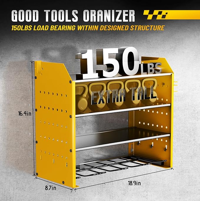 Heavy Duty Rack for Power Tool Organizer, 4 Tier Power Tool Organizer Wall Mount for Drills, Tool Battery Storage, Wall Holder with Hooks,Yellow