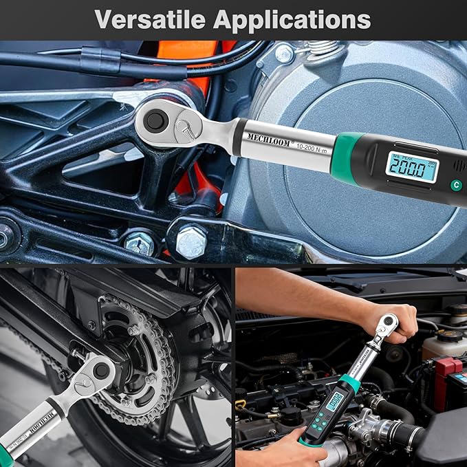 Digital Torque Wrench 1/2 Drive, 7.4–147.5 Ft-lbs / 10–200 N·m, ±2% Accuracy, Dual-Direction Ratchet, Electric Torque Wrench with Buzzer & LED Indicator for Bike, Motorcycle, Auto Repair