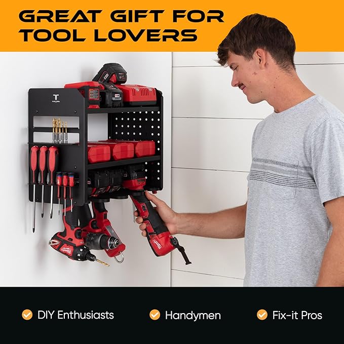 Power Tool Organizer Wall Mount, 4 Layer Heavy Duty Metal Tool Storage Rack with 4 Drill Holders, Pegboard Side Panels & Hooks, Garage Tool Organizer Wall Mount for Cordless Tools, Workshop, Shed