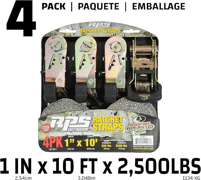 RPS Outdoors SI-2071 Mossy Oak Break-Up Infinity Camo 1" x 10' Ratchet Tie Down Straps (830 lb Safe Working Load / 2,500 lb Tension Strength), 4 Pack