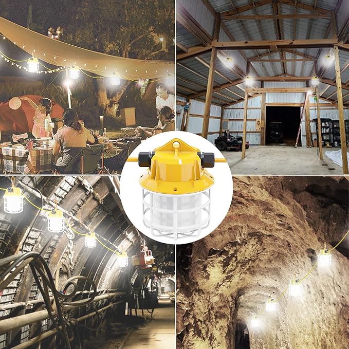 50ft LED Construction String Lights, 75W 7500LM Industrial Grade Super Bright String Work Lights for Construction Sites, Temporary Work, Renovation, Jobsite, and all outdoor lighting(50ft-5lights)