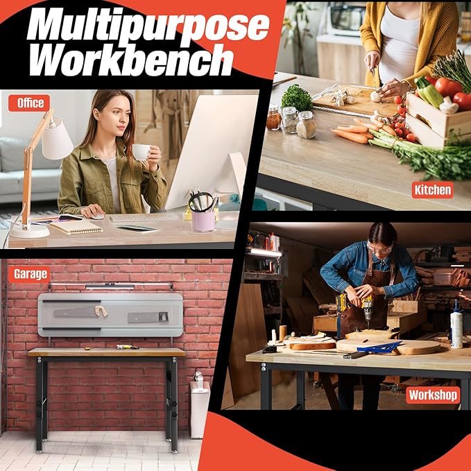 48" Work Bench for Garage, Height Adjustable Heavy Duty Rubber Wood Shop Table with Power Outlets