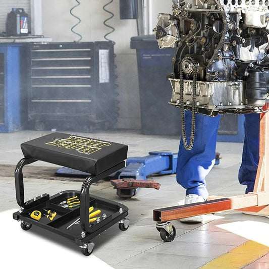 Torin 250lb Rolling Automotive Creeper Garage/Shop Seat: Padded Mechanic Stool with Tool Large Tray Suitable for garages, Repair Shops,Black