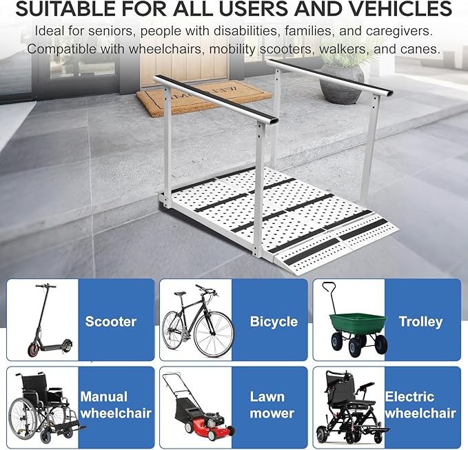 Upgraded Folding Ramp with Handrails, Portable Wheelchair Ramp with Handrail and Adjustable Flap, Heavy Duty Handicap Ramp with Handrails, 600 lbs Capacity, Carbon Steel Frame, 45.2" L x 31.5" W