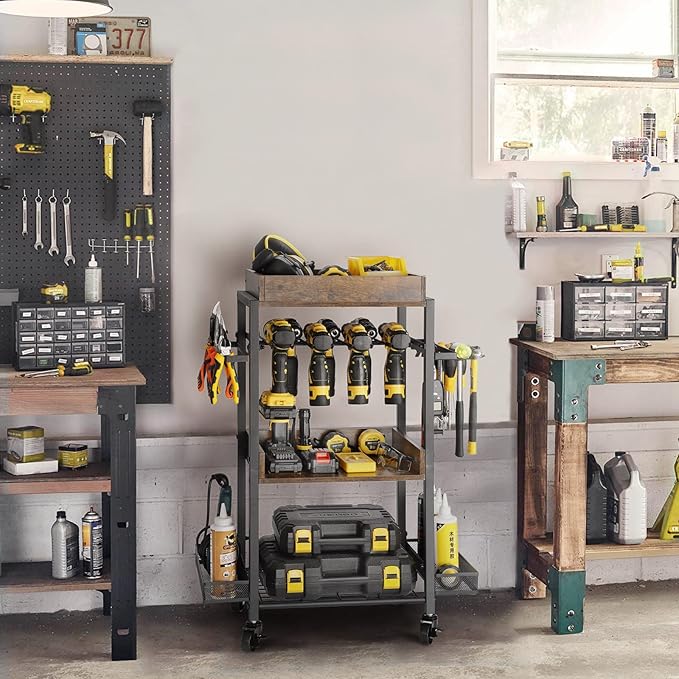 Olakee Power Tool Organizer Garage Storage Organization Shelving Tool Holder Drill Rack Shelf Rolling Cart Open Tool Chest Cabinet Box Organizer with Wheels Workshop Garage Gift Ideas for Men Dad