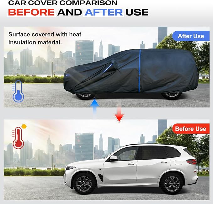 Kayme SUV Car Cover Custom Fit for Volkswagen VW Tiguan Allspace, BMW X1, Kia Sportage Windproof Upgraded & 100% Waterproof. All-Weather Full Exterior Cover Rain Sun Protector with Towel.