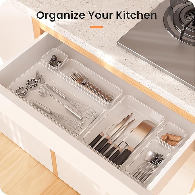 A-LuGei 【46PCS & 5Sizes】 Clear Drawer Organizer,【Hold 277 Items】 Makeup Organizer, Bathroom Organizers and Storage, Organization and Storage, Organizer Bins for Office Vanity Kitchen Tool Trays