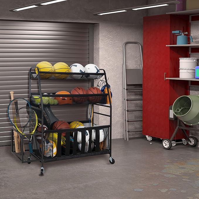 STORAGE MANIAC Ball Storage Bin Rolling Sports Ball Cart, Metal Garage Organizer Sport Rack Basketball Storage Cage for Garage or Gym, Indoor & Outdoor Sports Equipment Organizer