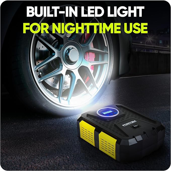 FORTEM Tire Inflator Portable Air Compressor, Air Pump for Car Tires and Bikes, Car Tire Pump w/Auto Shut Off, 150 PSI, 12V DC, LED Light, Carrying Case, for Men, Women