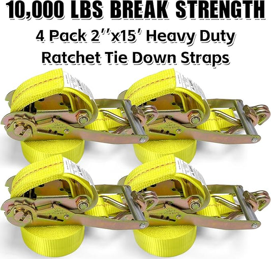 KJE Ratchet Straps Heavy Duty(4 Pack), 2" x 15' Ratchet Strap 10,000 Lbs Max Break Strength, Tie Down Ratcheting with J-Hook, Cargo Straps for Truck, Trailer, Moving Appliances