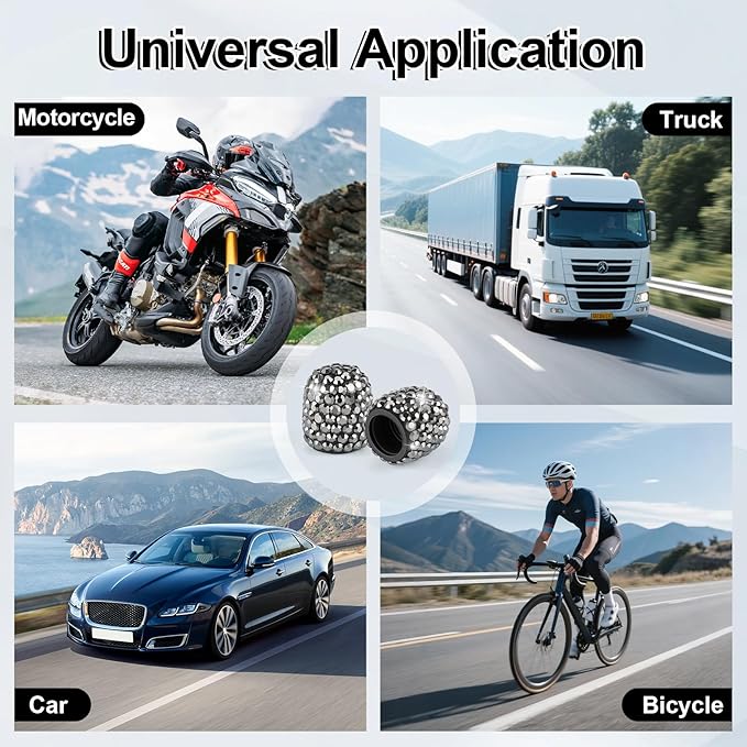 JUSTTOP 4 Pack Handmade Crystal Rhinestone Tire Valve Stem Caps, Universal for Cars, Trucks and Motorcycles - Glossy Black