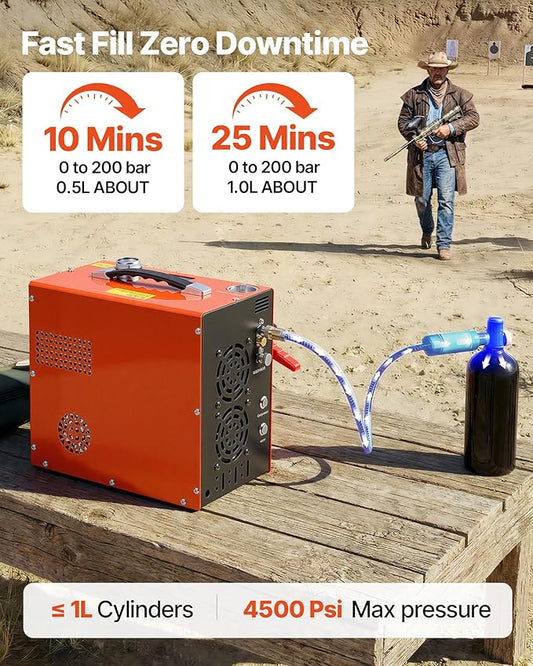VEVOR PCP Air Compressor, 4500PSI/30Mpa Portable PCP Airgun Compressor - Built-in Water and Fan Cooling System, Auto-Stop | DC12V/AC120V Paintball Tank Compressor for Air Rifle, Scuba Diving Bottle
