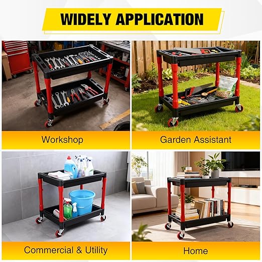 2-Tier Rolling Utility Cart with 4" Swivel Wheels, Heavy-Duty Plastic Tool Cart for Auto Detailing, Garage & Workshop