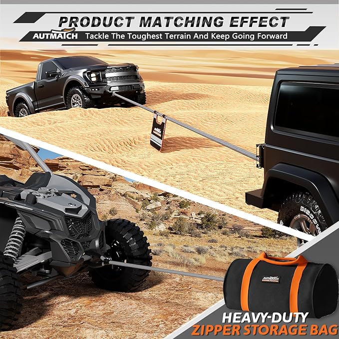 AUTMATCH Kinetic Recovery Tow Rope 1" x 30FT - Heavy Duty Energy Recovery Tow Rope 48000Lbs, 35% Elasticity Offroad Snatch Strap for 4x4 Off-Road Vehicle, Truck, Trailer, ATV, UTV, Gray