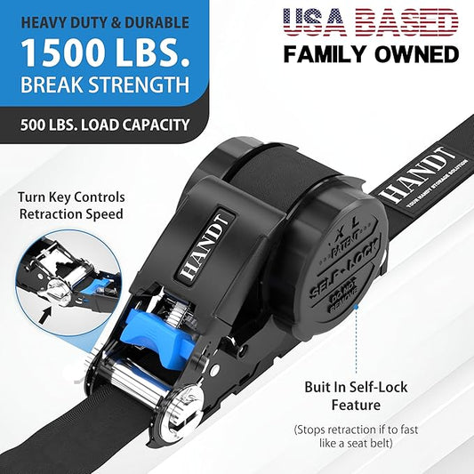 USA Based Retractable Ratchet Straps (2PK) 1in x 16ft - 1,500lb Break Strength, Heavy Duty Automatic Ratchet Straps Self Retractable Tie Down, Push Button Retracting Truck Trailer Cargo | Black
