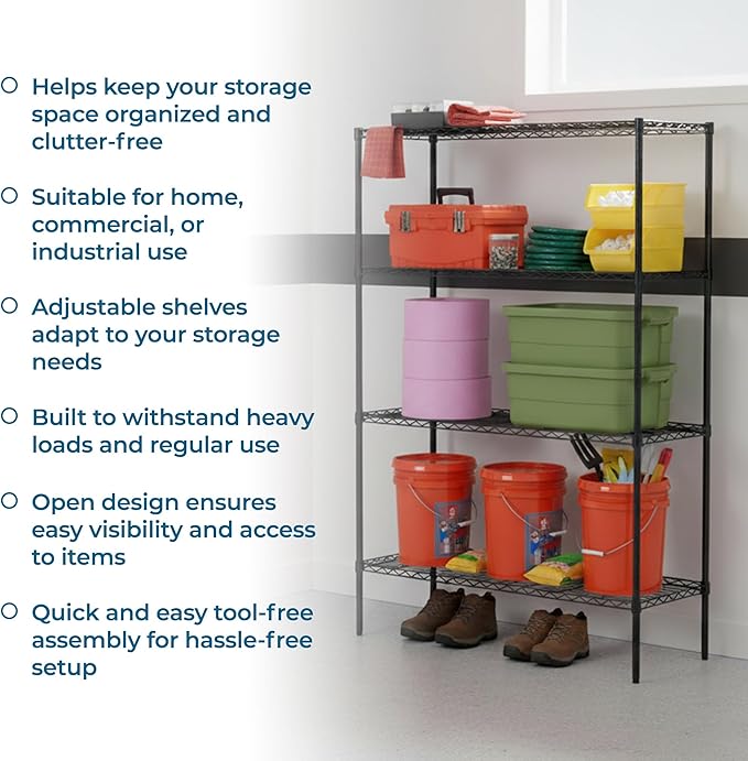 Honey-Can-Do 4-Tier Heavy-Duty Adjustable Shelves, Metal Storage Rack with 350-lb Shelf Capacity, Black, 18" W x 48" L x 72" H