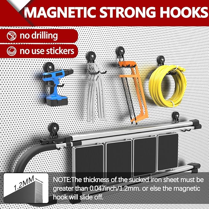 3-H Heavy Duty Magnet Garage Hooks 2 Pack, Extra Large Strong Magnetic Hooks for Hanging Cordless Power Drill, Utility Magnetic Tool Holder for Metal Cabinet, Steel Pegboard, Toolbox, Garage(Black)