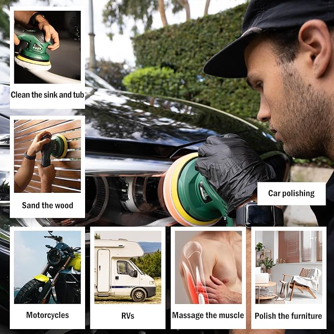 BATOCA - Cordless Car Buffer Polisher - 2pcs 2.0Ah 12V Lithium-ion Rechargeable Battery Powered Brushless Polisher with 6 Variable Speed, DA Orbital Buffer for Car Detailing, Polishing, Waxing
