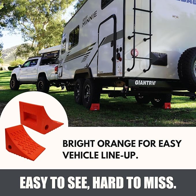 SECURITYMAN 4 Pack Wheel Chocks - Constructed of Heavy Duty Solid Polyurethane Rubber for 20,000 lbs - Great for RV, Camper, Truck, Travel Trailer Wheel Chocks - All Surfaces and All Weather - Orange