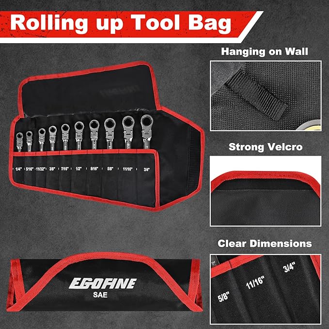 Egofine Flex Head Ratcheting Wrench Set 10 Piece, SAE Wrench Set, CR-V Steel 1/4" to 3/4" Wrench, 72-Teeth Combination wrench set, Chrome plated Ratchet Wrenches Set with Tool Roll Bag