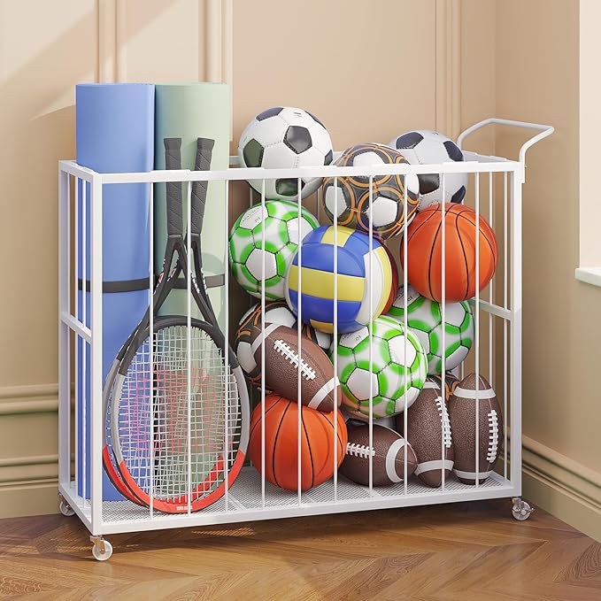 Homsorout Ball Storage Bin Rolling Sports Ball Cart, Metal Garage Organizer Sport Rack, Ball Basket Storage, Ball Cage for Garage or Gym, Indoor & Outdoor Sports Equipment Organizer