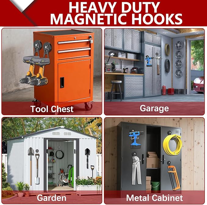 3-H Heavy Duty Magnet Garage Hooks 4 Pack, Extra Large Strong Magnetic Hooks for Hanging Cordless Power Drill, Utility Magnetic Tool Holder for Metal Cabinet, Steel Pegboard, Toolbox, Garage(Grey)
