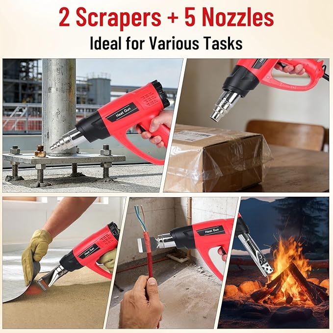 1800W Heat Gun 140℉~1112℉ (60℃-600℃) Fast Heating Heavy Duty Hot Air Gun Kit with Variable & Dual Temperature Settings, Overheat Protection, 5 Nozzles for Crafts (1800W Red Corded Heat Gun)