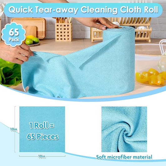 65 Pack Microfiber on a Roll Tear Away Towel, 10" x 10" Reusable Washable Microfiber Cloths Paper Towels Roll Absorbent Rag for Car Kitchen Cleaning