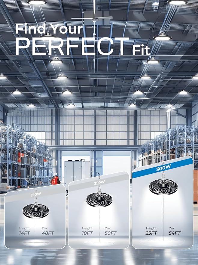 ELEKICO 300W UFO Led High Bay Light| 5000K 45000LM High Bay Led Shop Lights with 5ft Cable Hanging Hook Safe Rope| Shop Light & Garage Lighting Lights for Factory Workshop Warehouse Garage Barn