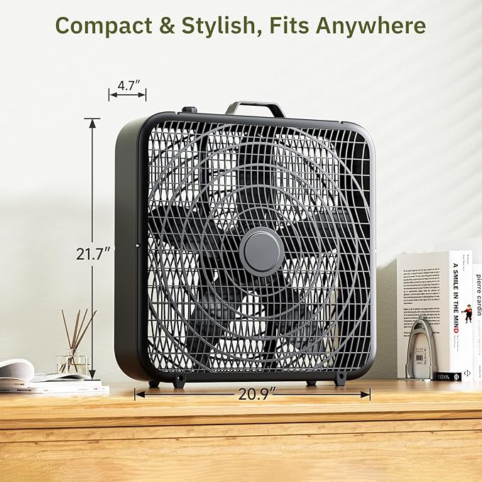 Simple Deluxe 20” Box Fan, 3-Speed Cooling Floor Fan with Aerodynamic Shaped Fan Blades, Convenient Carry Handle and Safety Grills, Black