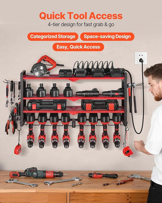 VEVOR Power Tool Organizer with Charging Station, 4-Layer Drill Storage Rack with 8 Drill Holders & Side Pegboard, Garage Tool Organizer Built in 8 Outlet Power Strips for Garage, Workbench, Workshop
