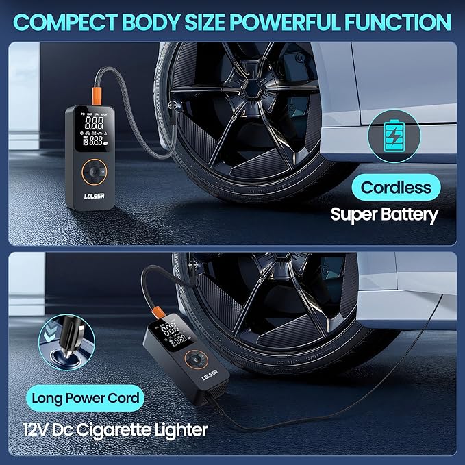 Tire Inflator Portable Air Compressor-Tire Pump 150PSI Cordless Electric for Car, Motorcycle, Bike, Ball, with Tire Gauge Pressure, Dual-Use Type(Dark)