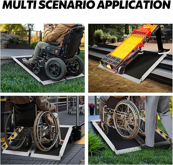 FAHKNS Portable Wheelchair Ramp 2FT, Aluminum Folding Wheelchair Ramp, Non-Slip Handicap Ramps for Home Outside Steps, Threshold Wheel Chair Ramps for Doorways, Porch, Cart, Stairs, Curbs, Scooter