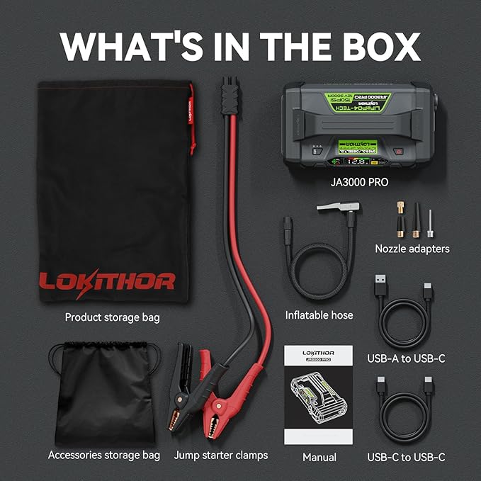 LOKITHOR LIFEPO4 Series JA3000 PRO Jump Starter with Air Compressor, 3000 Amp 12 Volt Battery Pack, Portable Jump Box and Jumper Cables for 9.0L Gas and 7.0L Diesel Engines, 2000 Cycle Life