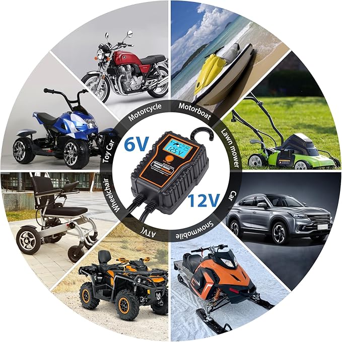 Automotic Battery Trickle Charger Maintainer 12 Volt 750mA Battery Float Charger Maintainer with LCD Float Charging for Motorcycle ATV Lawn Mower Car Boat