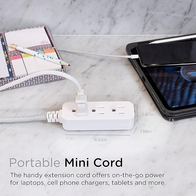 Cordinate Designer Mini 3-Outlet Power Strip, 18 in Braided Extension Cord, Grounded Adapter, Low-Profile Flat Plug, ETL Listed, White/Gray, 47297