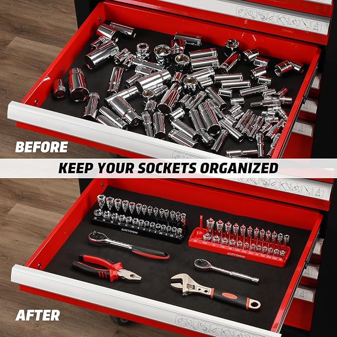 AIRTOON 1/4-Inch Drive Socket Organizer Trays, 2-Piece SAE and Metric Socket Tray Set, Deep and Standard Socket Holders Organizers for Toolbox, Black & Red