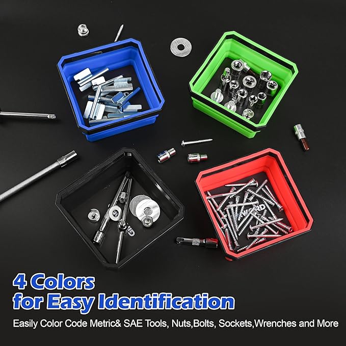 4Pcs Foldable Magnetic Partsn Trays Set with 3LBS Magnetic Pick-up Tool, 4.5" Square Silicone Magnetic Tool for Organizing Screws, Bolts, Nuts, Washers, Pins, and Other Small Metal Parts