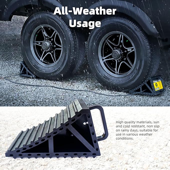 Wheel Chocks for Cars, RVs, Trucks, Trailers, and Vehicles G.V.W. up to 8T, 2 Pack with Handle and Rope - Anti Slip Bottom Tire Chock for All Weather Use - Accessory Must (Black - 2 Pack)