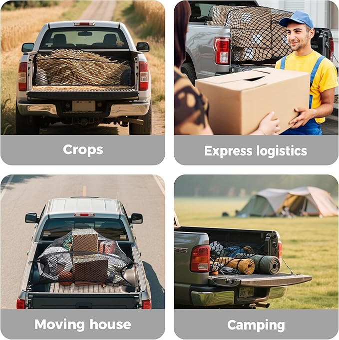 Stretchable Cargo Net(4'x4' Stretches to 7'x7') - Adjustable Elastic Trunk & Truck Bed Storage Organizer with Hook, Ideal for Securing Daily Light Loads