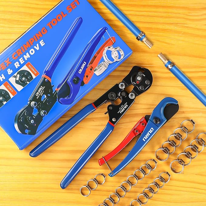 2 IN 1 Ratchet Pex Crimping Tool Cinch and Remove Combo Function Pex Pipe Crimp Tool from 3/8" to 1" Pex Crimper with Pex Cutter and Stainless Steel Pex Clamps 1/2" 25PCS,3/4" 10PCS