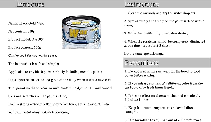 Black Gold Car Wax with Pad Solid Auto Carnauba Cars Care Polish Cleaner Waxing Repair Scratches Ceramics Coating for Black Cars 300g with Free Waxing Sponge, 10.6oz
