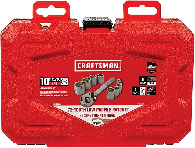 CRAFTSMAN 10 Pc Mechanics Tool Set with 72-tooth Low Profile Ratchet, SAE, 3/8 Inch Drive (CMMT34563)