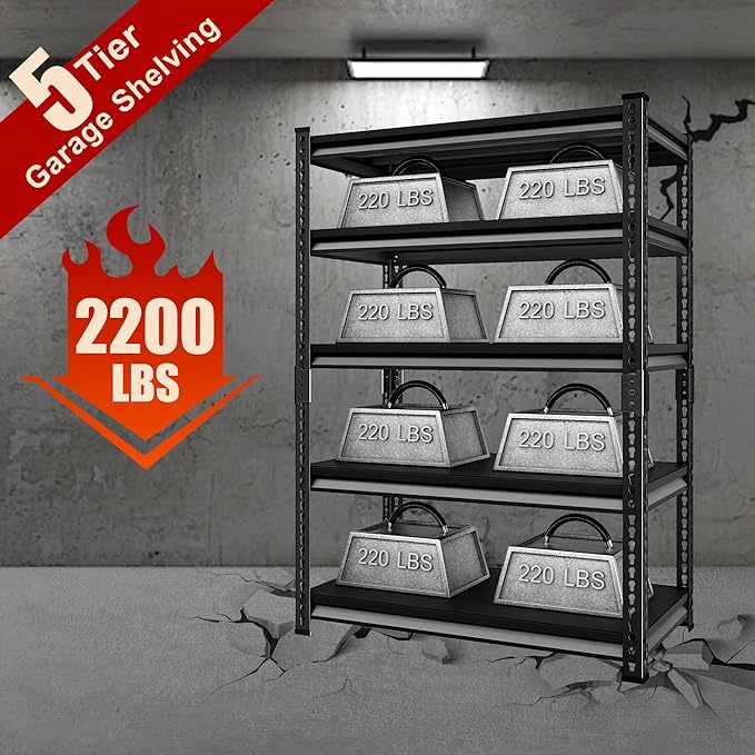 Garage Shelving Heavy Duty, 2200 Lbs Loads Garage Storage Shelves Heavy Duty, 5-Tier Metal Shelving Units and Storage for Basement, Retiple Tanks,40''Wx18 Dx72 H,Black