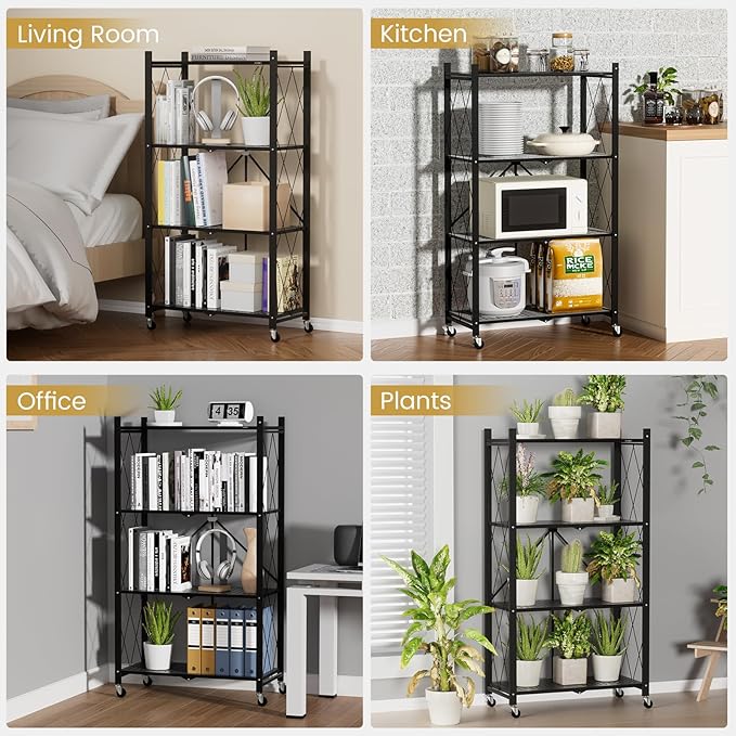 ALANNG Heavy Duty 4-Tier Folding Shelf with Wheels, No Tools Assembly Metal Storage Rack Cart, 264LBS Capacity for Kitchen, Pantry, Laundry Room, Garage, (Black, 1PACK)