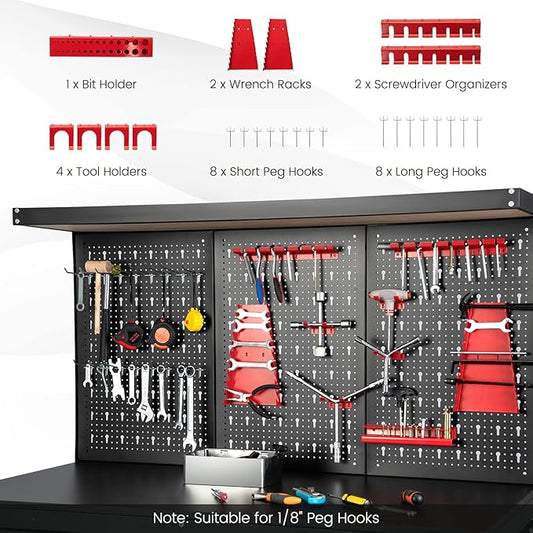 Goplus Work Bench with Storage, 48" x 24" Work Table with Pegboard, 2 Drawers, Hanging Accessories, Topping Space, 4-Tier Heavy Duty Metal Tool Storage Bench, Workbench for Garage, Workshop