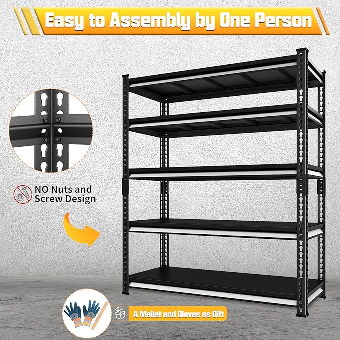 47.2" W Garage Storage Shelves Heavy Duty, 2800LBS Loads Adjustable Garage Shelving, 5-Tier Metal Shelving Units and Storage Racks, Industrial Utility Shelf,47.2" Wx17.7 Dx78 H, Black