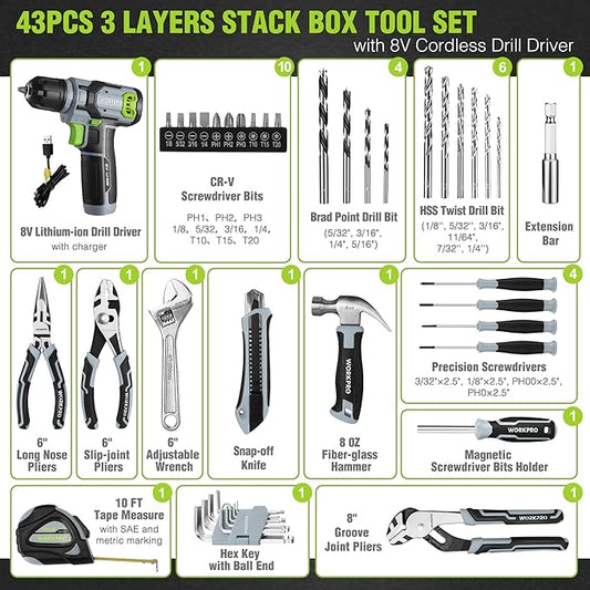 WORKPRO 43PCS Cordless Lithium-ion Drill Driver & Toolbox, 8V 2.0 Ah Power Drill Set with Household Hand Tool Kit, Battery Powered Screwdriver with Stackable Tool Box