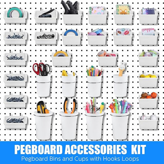 Sieral 64 Pieces Pegboard Bins Pegboard Cups with Hooks and Loops Peg Hooks Assortment Organizer Accessory for Organizing Accessories Tools Storage Office Workshop Garage Workbench (White)
