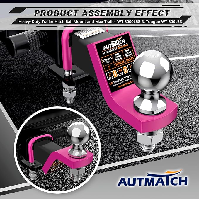 AUTMATCH Trailer Hitch Ball Mount with 2 Inch Hitch Ball - Fits 2" Receiver with Hitch Tightener, 8000Lbs Capacity Ball Hitch, 2-Inch Drop with 5/8" Hitch Lock Pin, Pink & Black